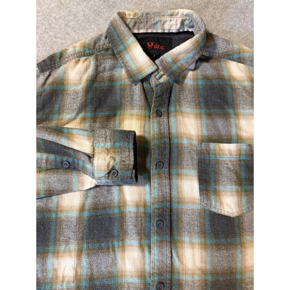Stoic Flannel Shirt Mens Medium Gray Plaid Button Up Hiking Trail Ski Outdoor
